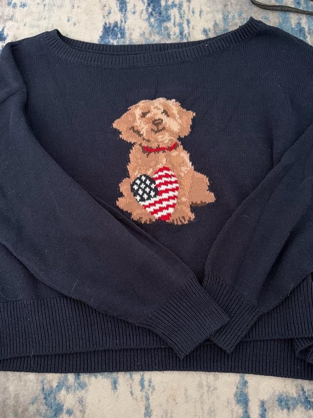 Hollister Navy Sweater with Puppy and American Flag Heart